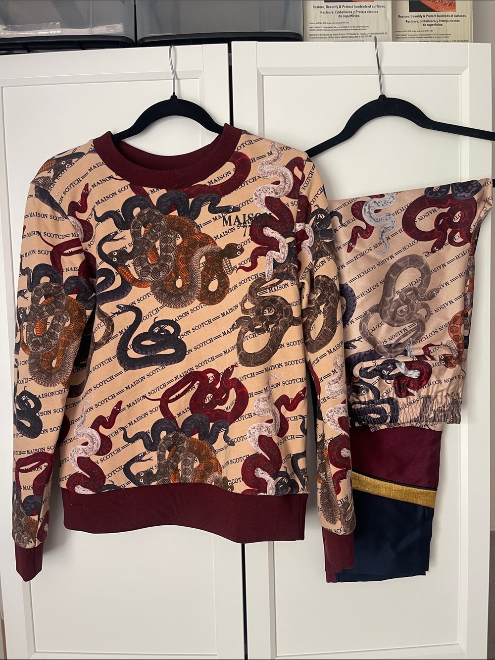 Scotch & Soda Beige Snake-Print Pajama Set with Maroon Trim